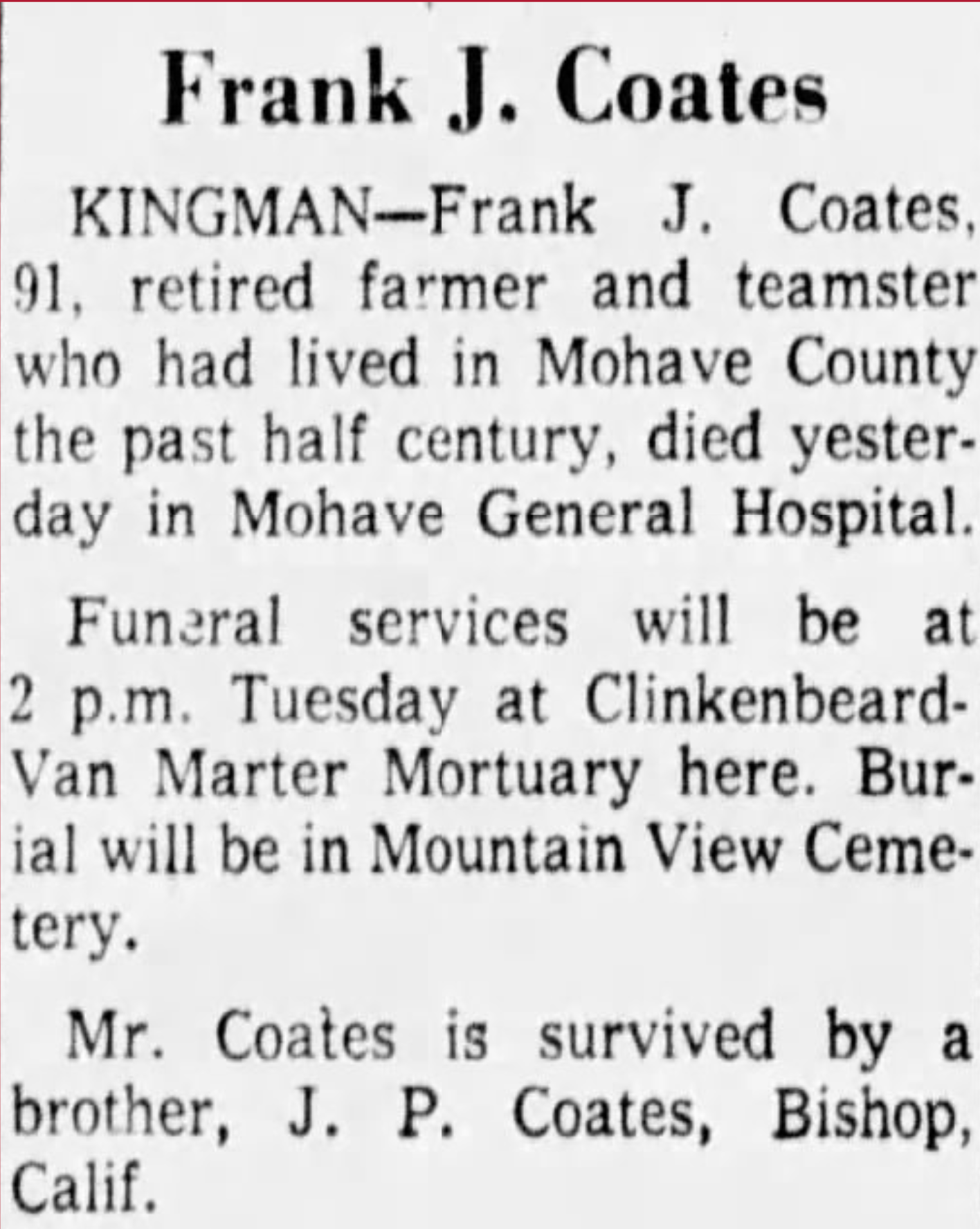 obituary for Franklin Coats
