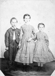 Photo of the children of James Brookhart and Hannah Dutton: Edwin, Clara, and Lucy