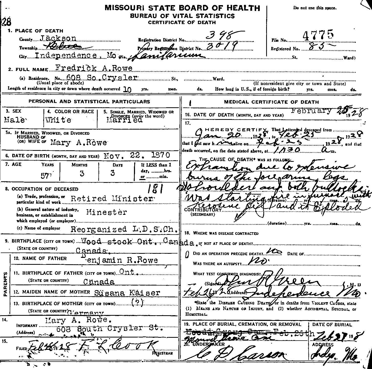 Mary Rowe's death certificate from her sister's death certificate Mary Rowe's death certificate