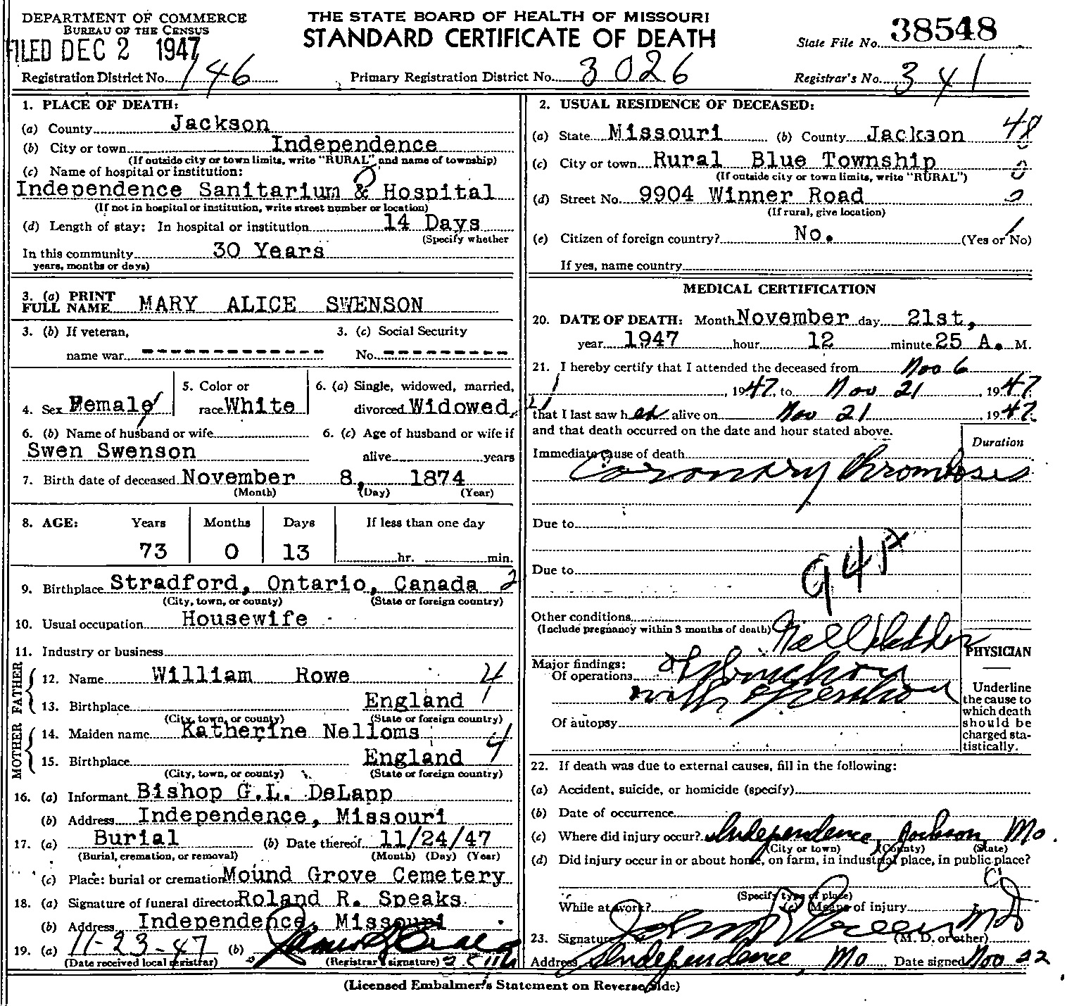 Mary Rowe's death certificate from her sister's death certificate Mary Rowe's death certificate